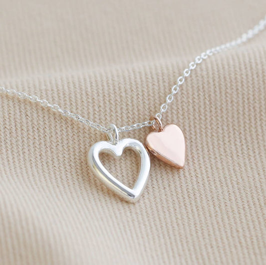 Double Heart Necklace in Silver and Rose Gold