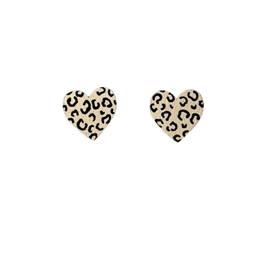 Beige and Black Cheetah Animal Print Midi Heart Studs