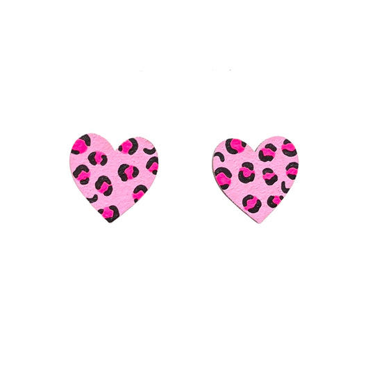 Midi Neon Pink Leopard Print Heart Earrings