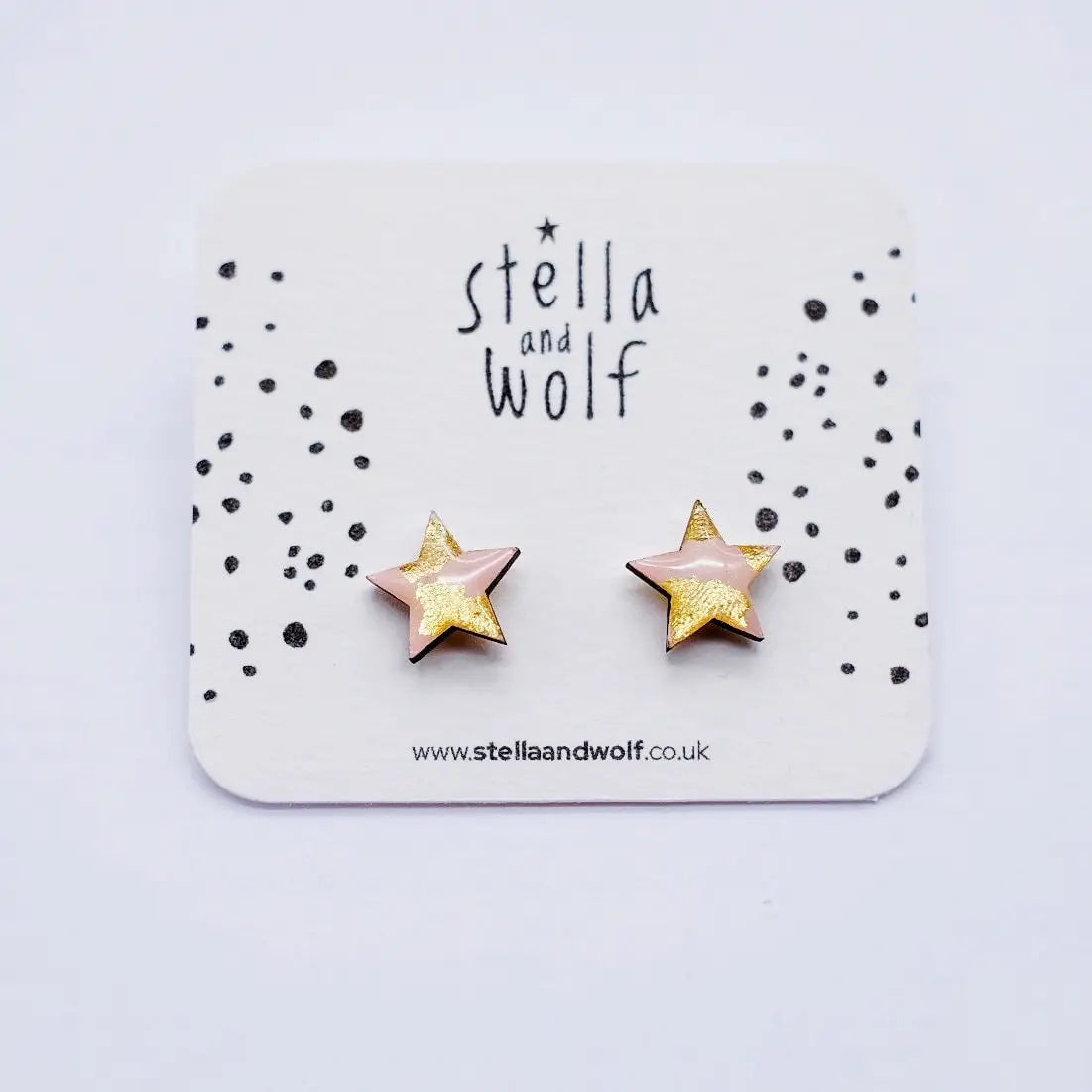 Pink and Gold Wooden Star Earrings