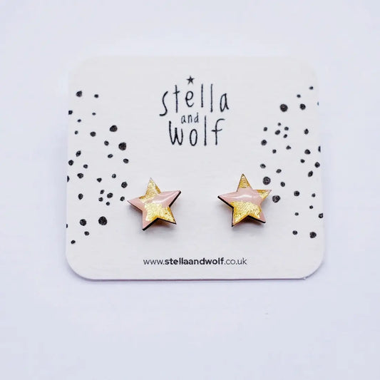 Pink and Gold Wooden Star Earrings