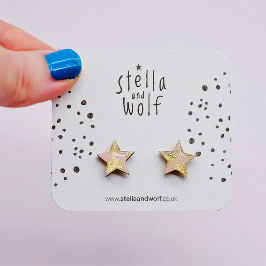 Pink and Gold Wooden Star Earrings